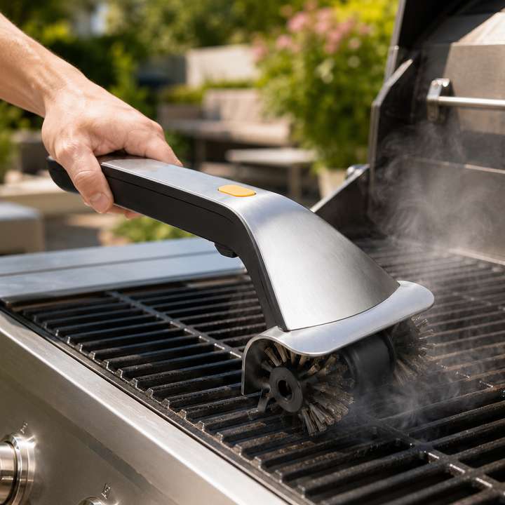 Heavy-duty electric grill cleaning steam brush. Handheld, rotating BBQ scrubber & cleaning tool for kitchen and outdoor use.