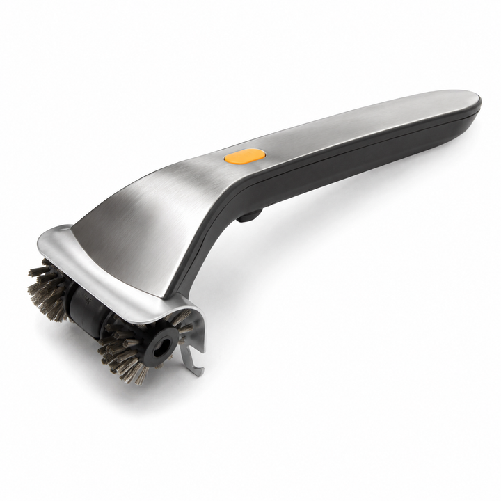 Rechargeable electric steam grill brush for tough BBQ grime. Handheld outdoor cooking cleaner for spotless grates.