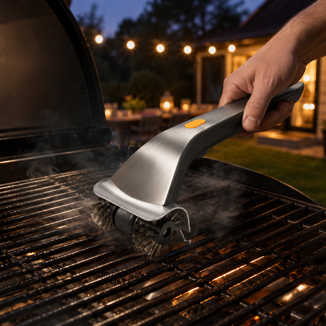 Rotating electric steam brush for heavy-duty grill cleaning. Handheld BBQ scrubber, efficient & rechargeable kitchen tool.
