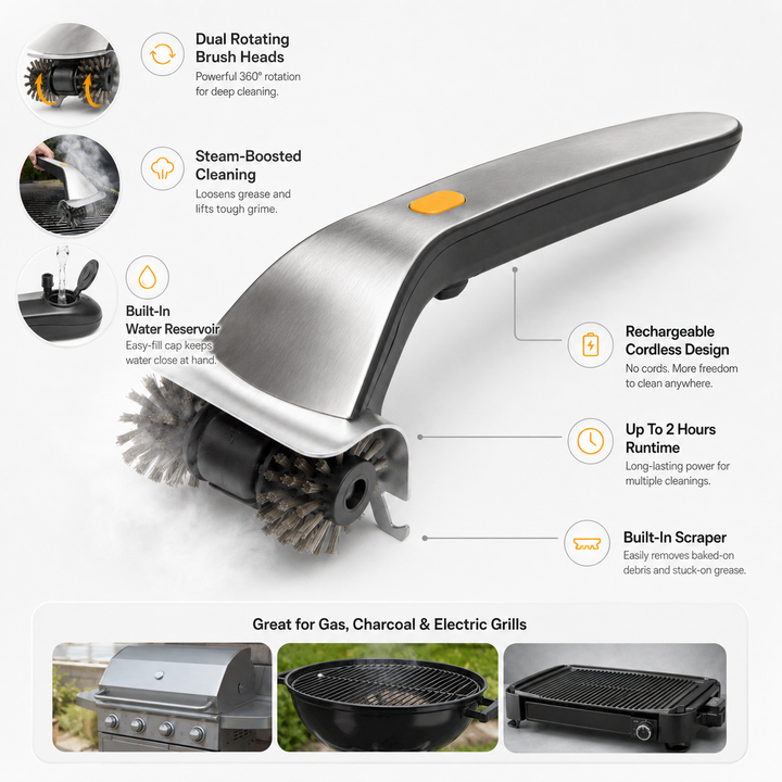 Electric grill steam brush, a powerful rotating handheld scrubber. Rechargeable BBQ cleaner for efficient outdoor cooking cleanup.