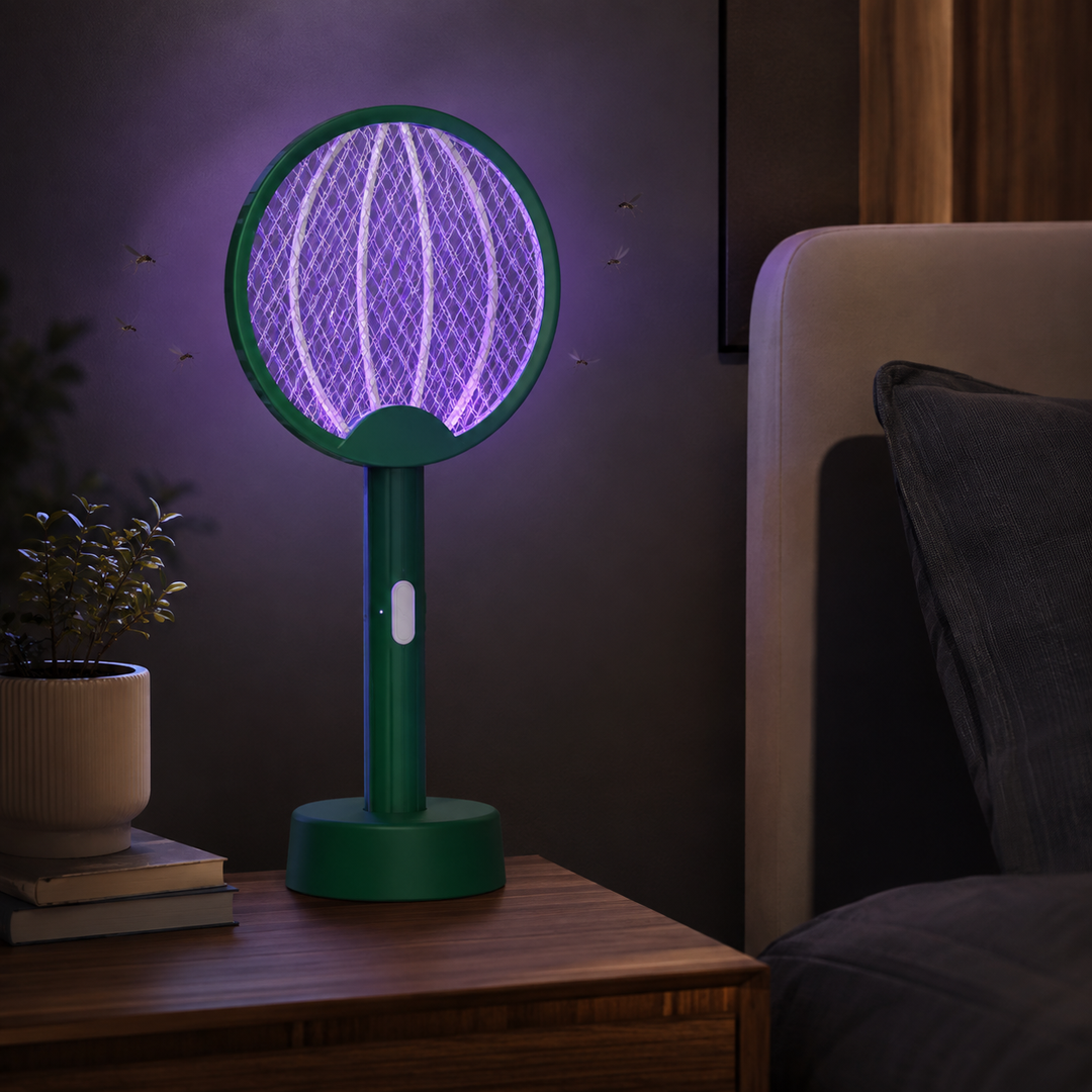 Folded electric mosquito zapper, compact for easy storage. Portable USB rechargeable insect killer for indoor use.