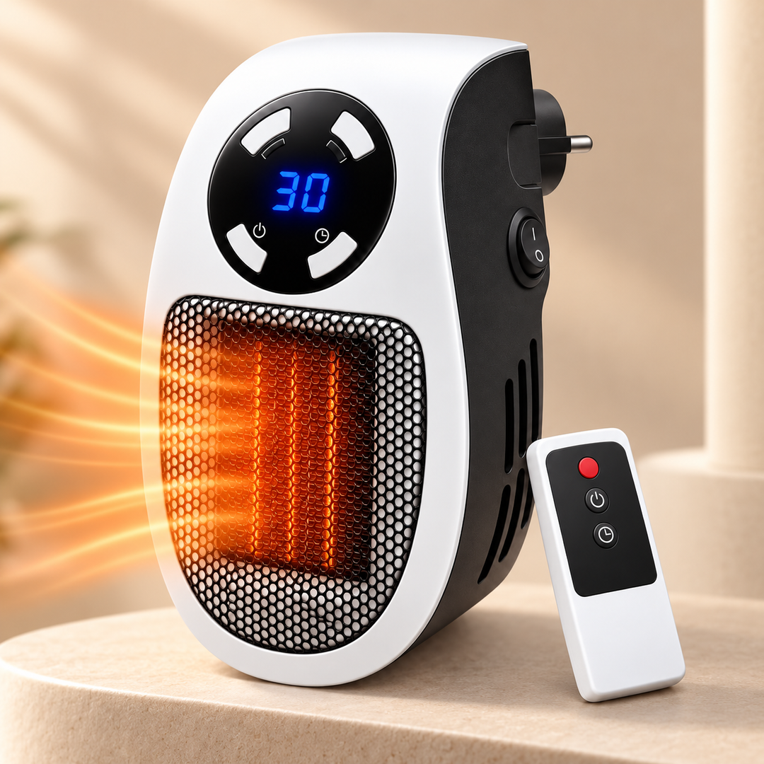 Compact electric space heater with remote control for efficient personal heating in small rooms.