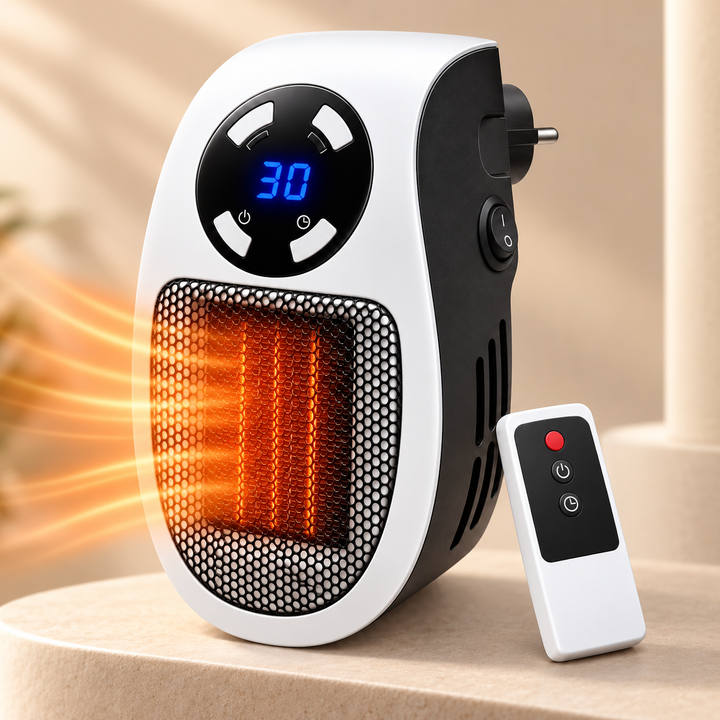 Compact electric space heater with remote control for efficient personal heating in small rooms.