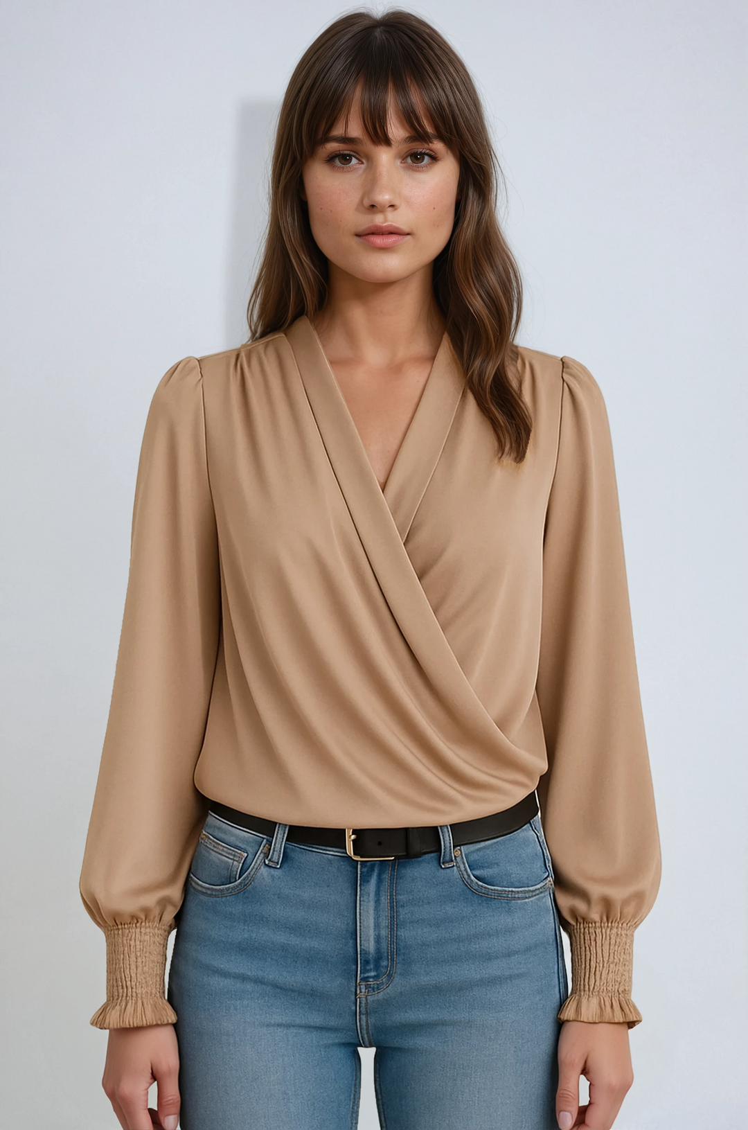 Elegant women's long-sleeve wrap blouse. Versatile chic top, perfect for office wear or stylish casual day-to-night looks.
