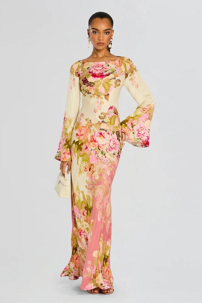Flowy long floral maxi dress with bell sleeves for women, ideal for elegant evening parties & spring fashion.