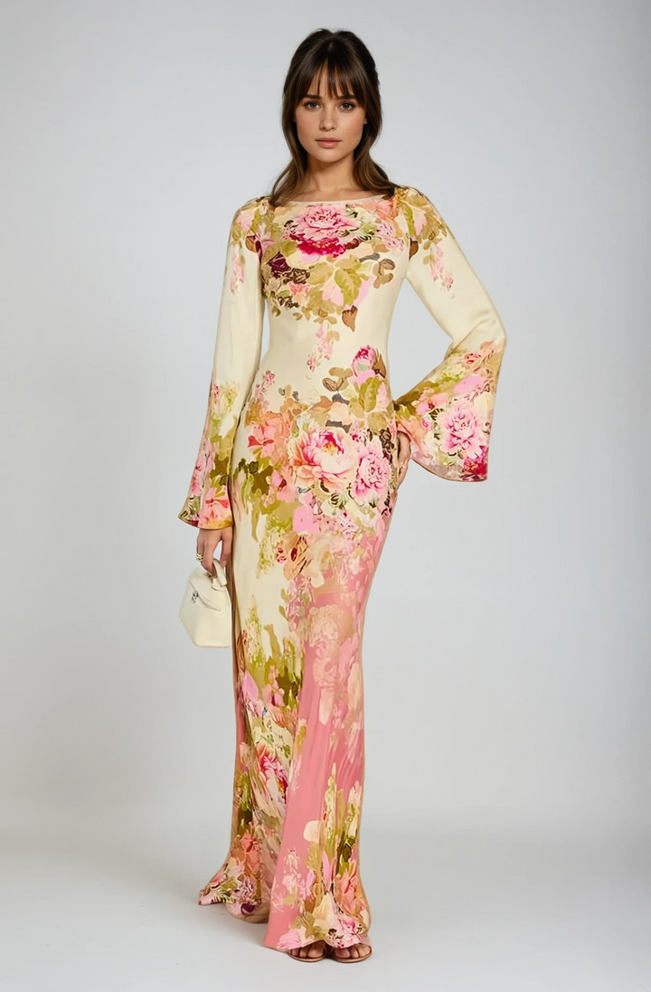 Elegant women's floral bell sleeve maxi dress, perfect for evening events, parties, and special occasions.