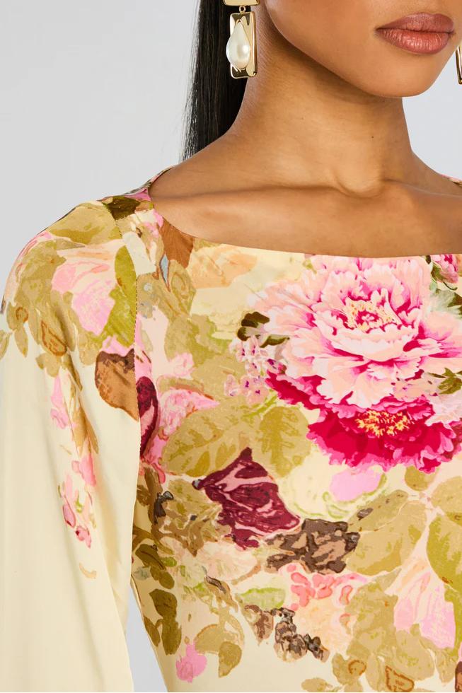Sophisticated floral bell sleeve maxi dress for women, an elegant long dress perfect for evening gatherings.