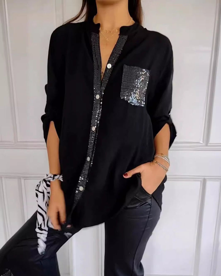 Elegant women's sequin blouse, a sparkling top with relaxed fit for chic evening wear & glamour.