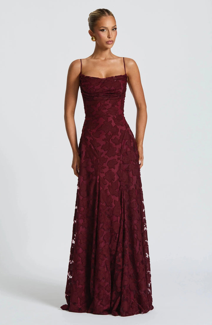 Elegant women's maxi dress with sophisticated corset bodice and graceful lace-up back.