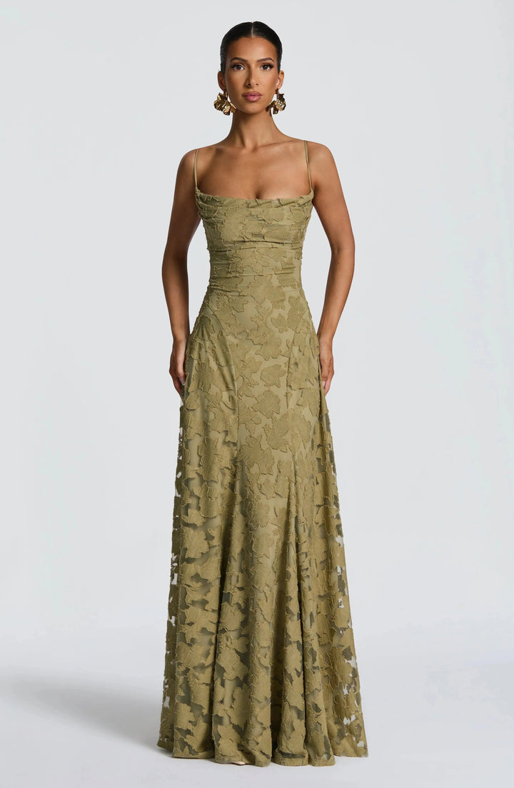 Special occasion women's maxi dress, perfect for evening wear, with corset and lace-up back.