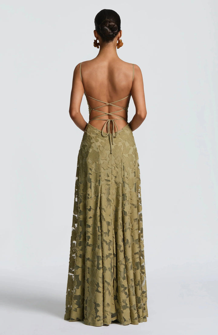 Graceful women's maxi dress with an elegant corset, flowing skirt, and intricate lace-up back.