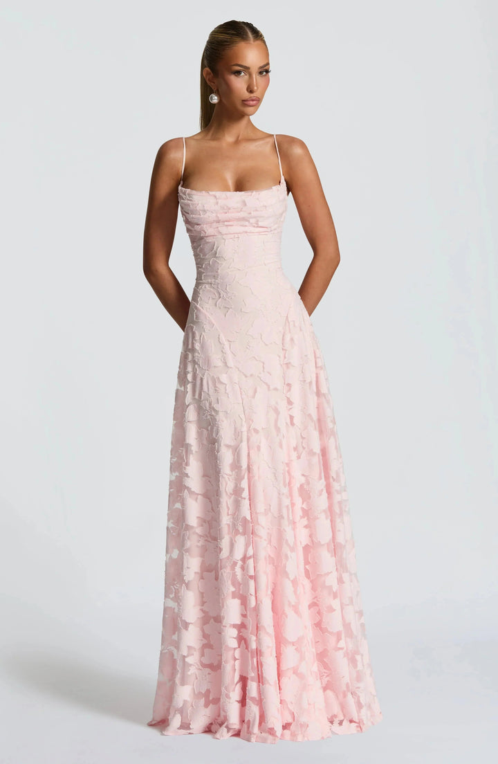 Sophisticated women's formal wear: Maxi dress with corset and elegant lace-up back, refined design.