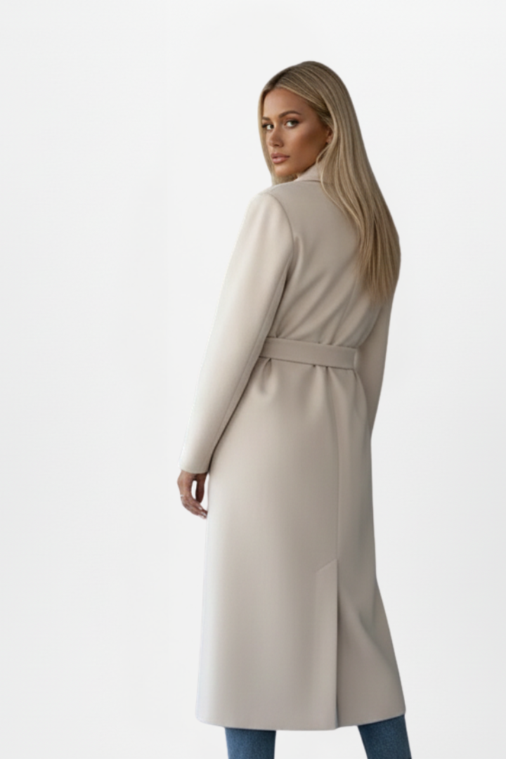 Chic women's long belted coat, double-breasted design. Versatile elegant outerwear for fall & winter.