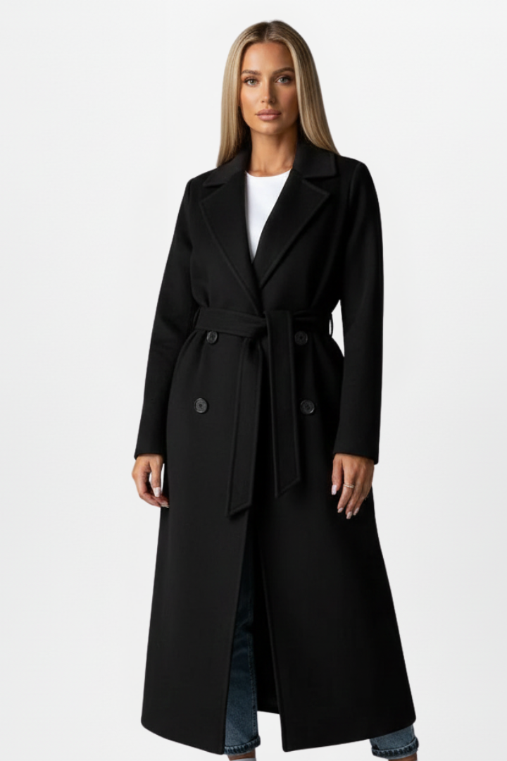 Elegant women's long winter coat, double-breasted with a flattering waist belt for sophisticated style.