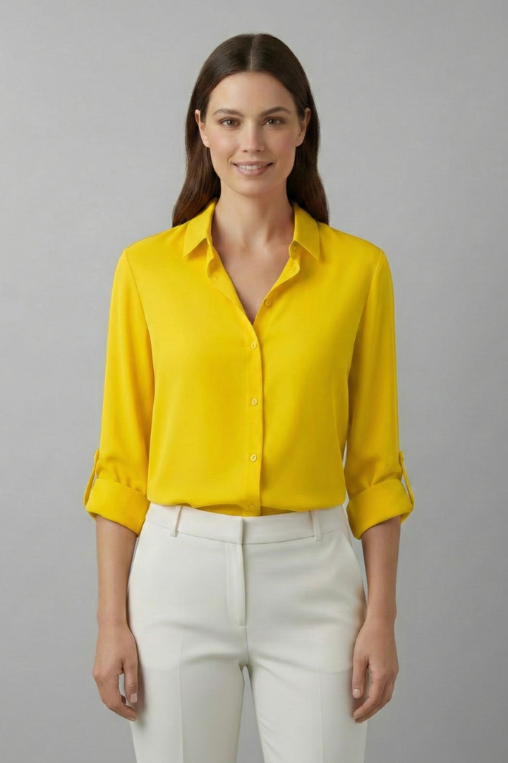 Women's professional long sleeve blouse with elegant turn-down collar & button-front styling.