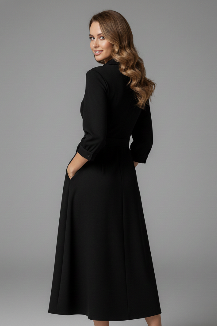 Women's comfortable V-neck long sleeve midi dress, featuring an adjustable waist and elegant front slit for summer.