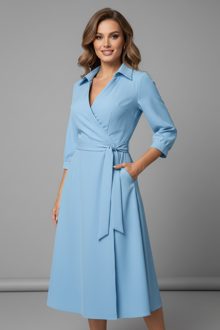 Classic V-neck long sleeve A-line midi dress for women with front slit & adjustable waist. Elegant summer party wear.