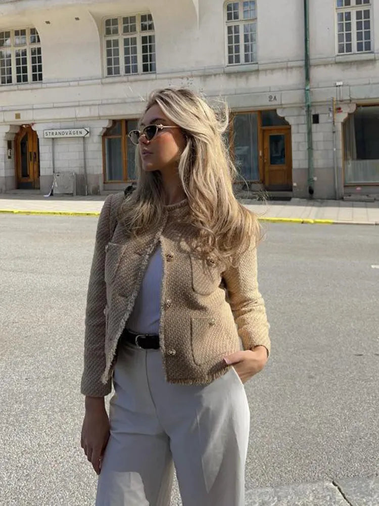 Tailored women's elegant jacket, a chic blazer for urban fashion. Modern outerwear for sophisticated women.