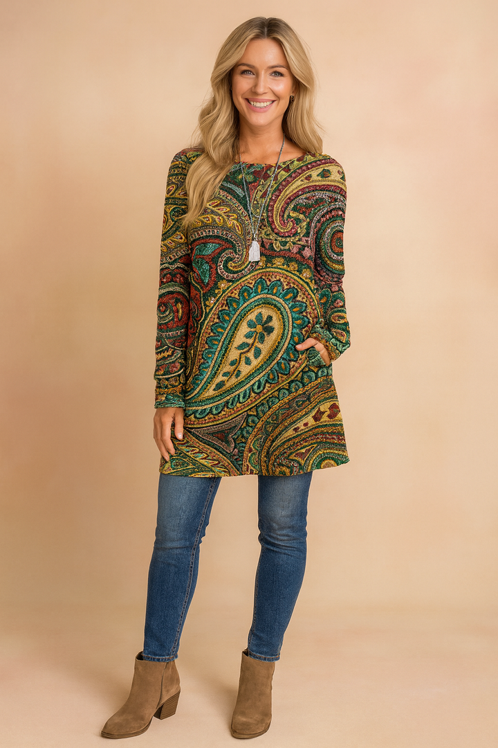 Women's flowing paisley print tunic sweater. Boho style long-sleeve top, perfect for casual fall fashion.