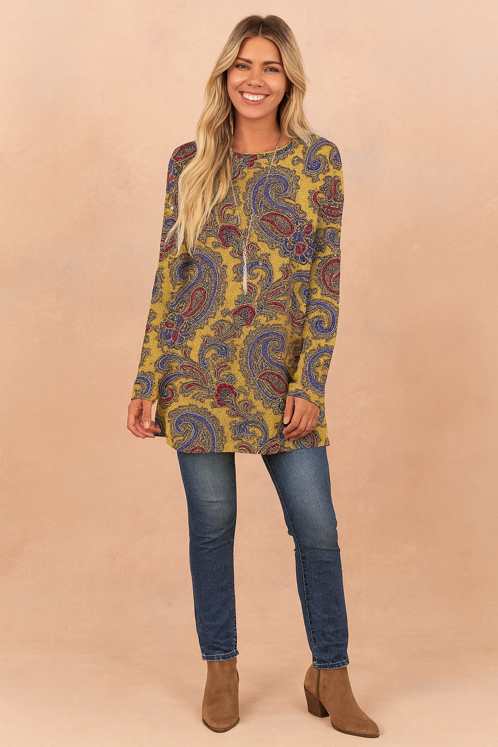 Colorful paisley print tunic sweater for women. Relaxed fit, long sleeves, ideal boho fall winter casual wear.