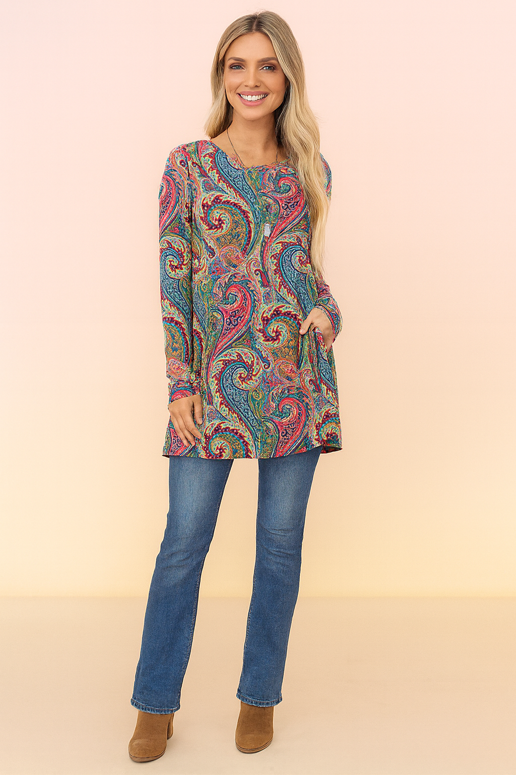 Unique women's paisley tunic sweater. Flowing boho style, long-sleeve statement piece for fall and winter fashion.