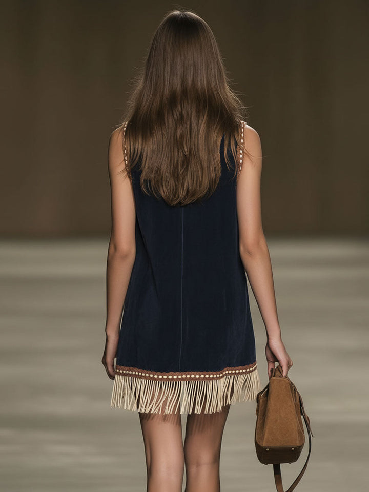 Flowy embroidered summer mini dress for women, excellent for vacation style & festival wear. Breezy, sleeveless design.