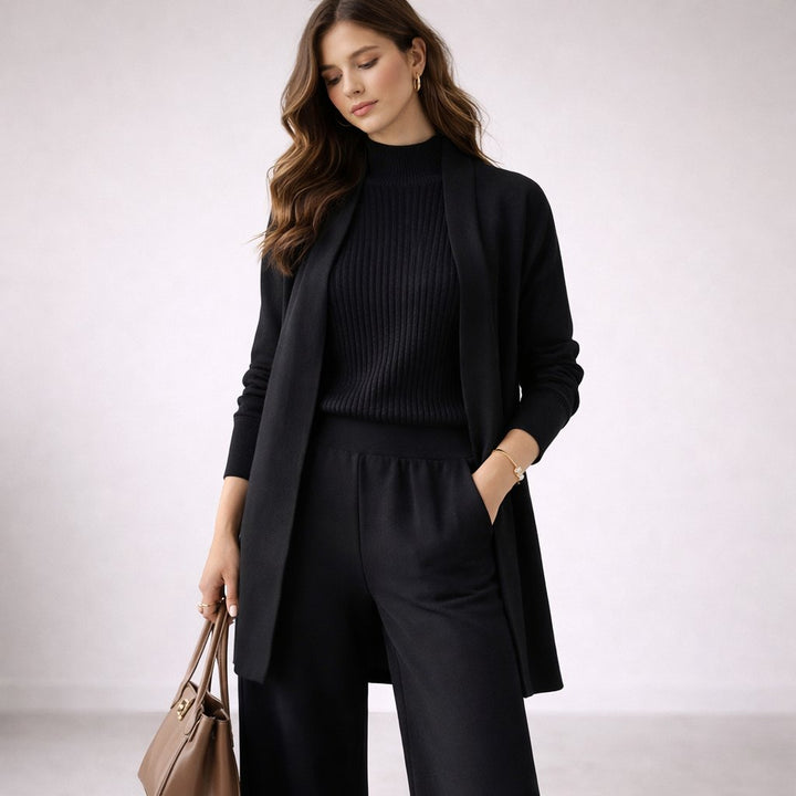 Casual three-piece knit set: women's cardigan, top, & wide-leg pants. Versatile and chic for any day.