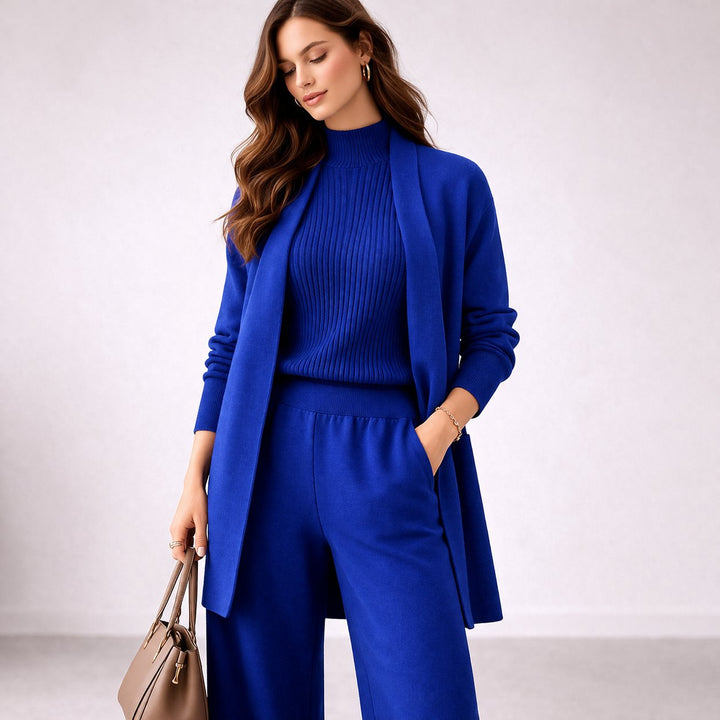 Soft knit three-piece lounge set for women. Elegant, comfortable, and chic, ideal for relaxed style.