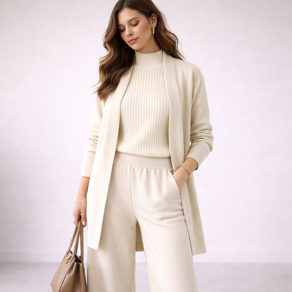 Chic women's three-piece knit lounge set with wide-leg pants & cardigan. Elegant, comfortable, & versatile.