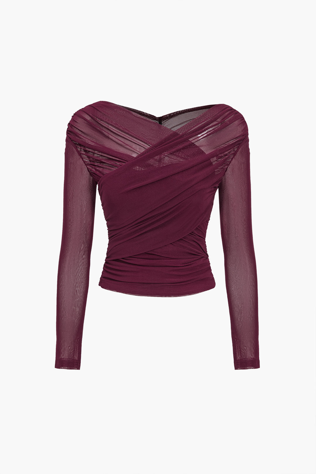Chic sheer mesh top for women with sophisticated ruching and long sleeves, great for evening.