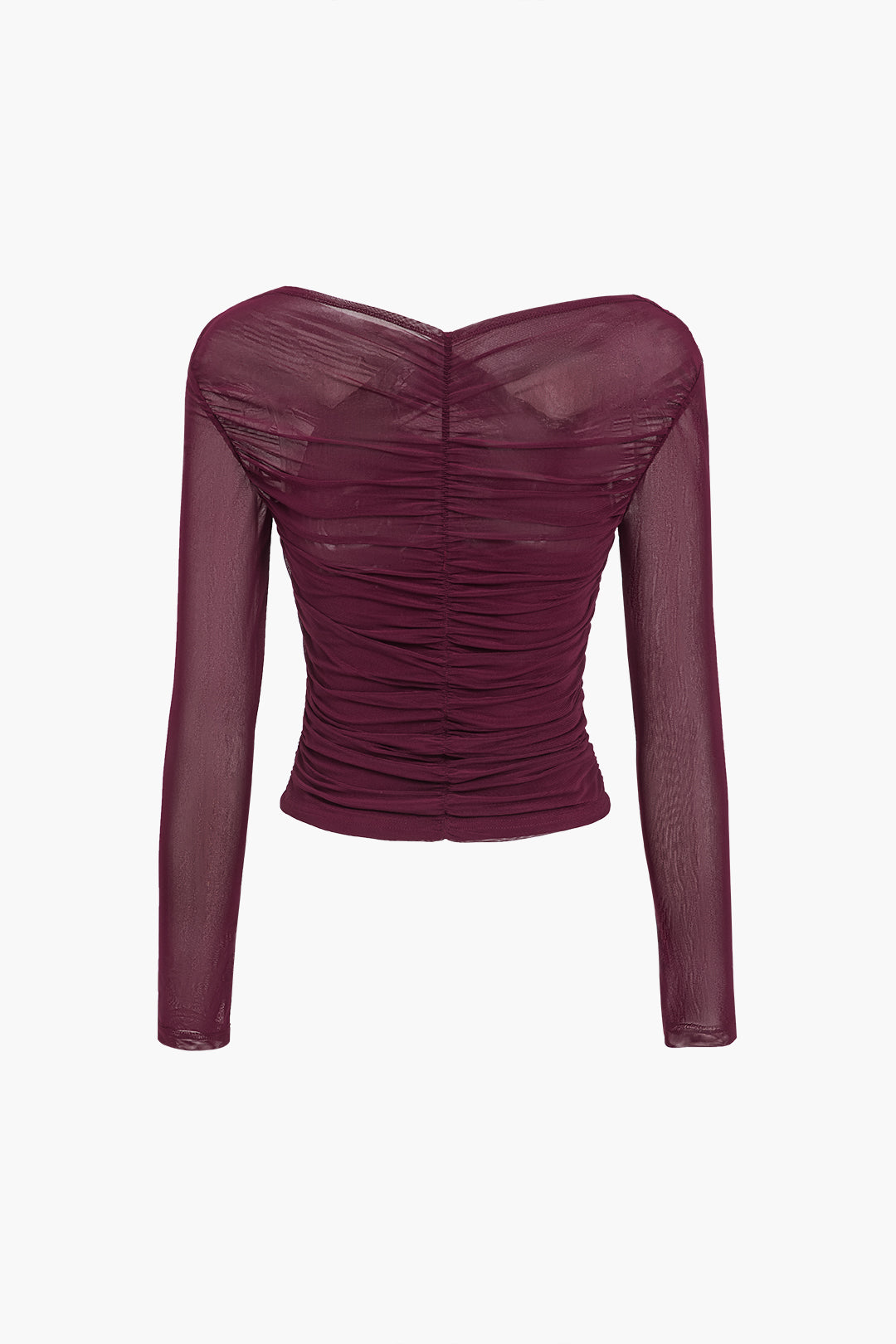 Modern women's sheer mesh ruched long sleeve top, a trendy fashion piece for evening outfits.