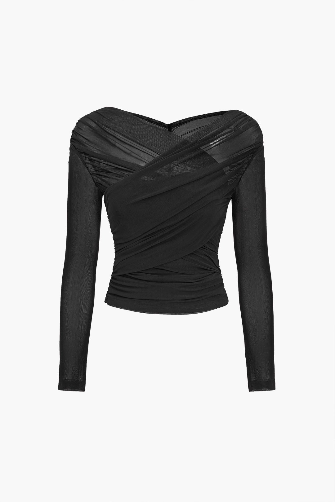 Sophisticated women's sheer mesh long sleeve top with ruched details, perfect for elegant evenings.
