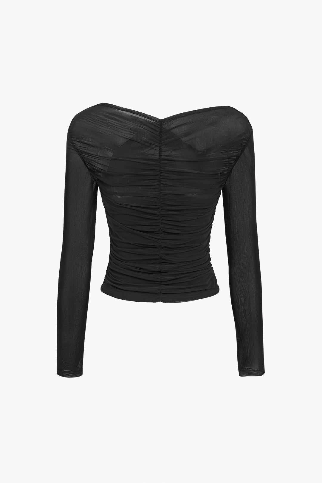 Fashionable women's sheer mesh ruched long sleeve top, versatile for evening wear or a trendy party look.
