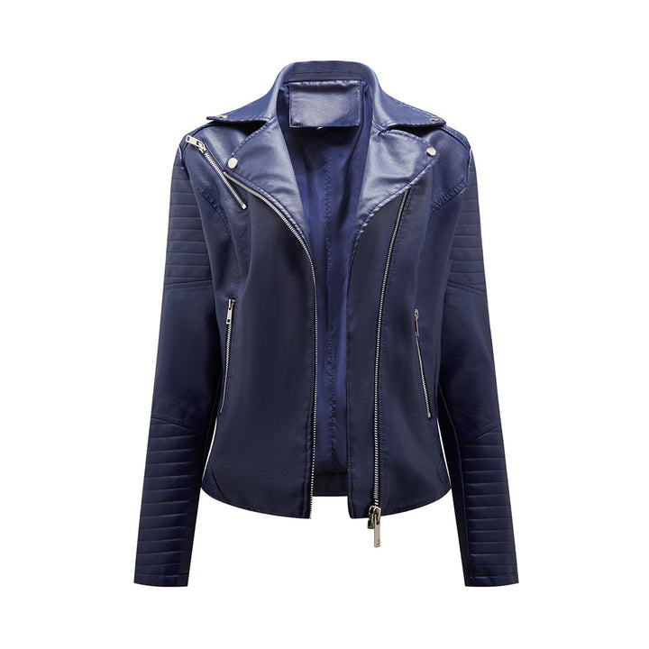 Fashionable women's moto jacket, black, with an asymmetrical zip for a modern, versatile outerwear look.