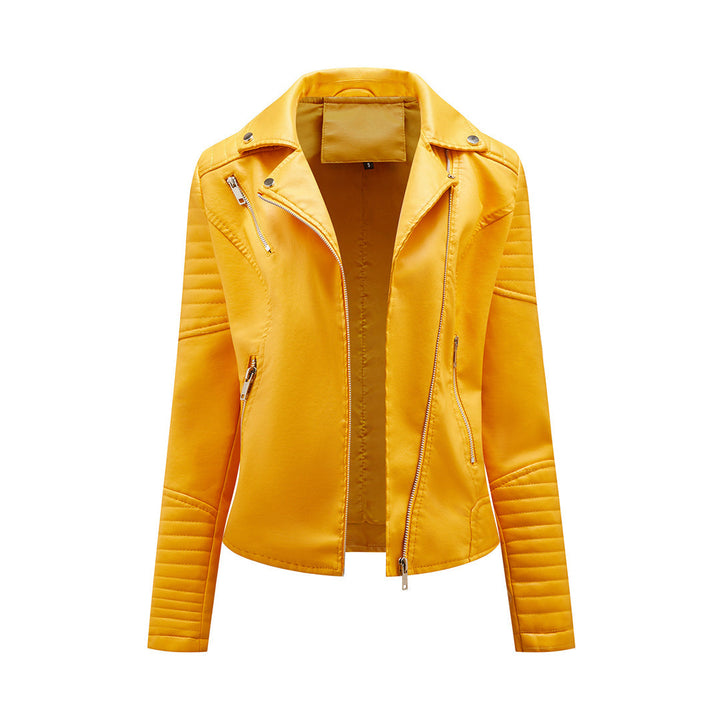 Black women's moto style jacket, asymmetrical zipper, lapel collar. Chic & versatile for all-season wear.