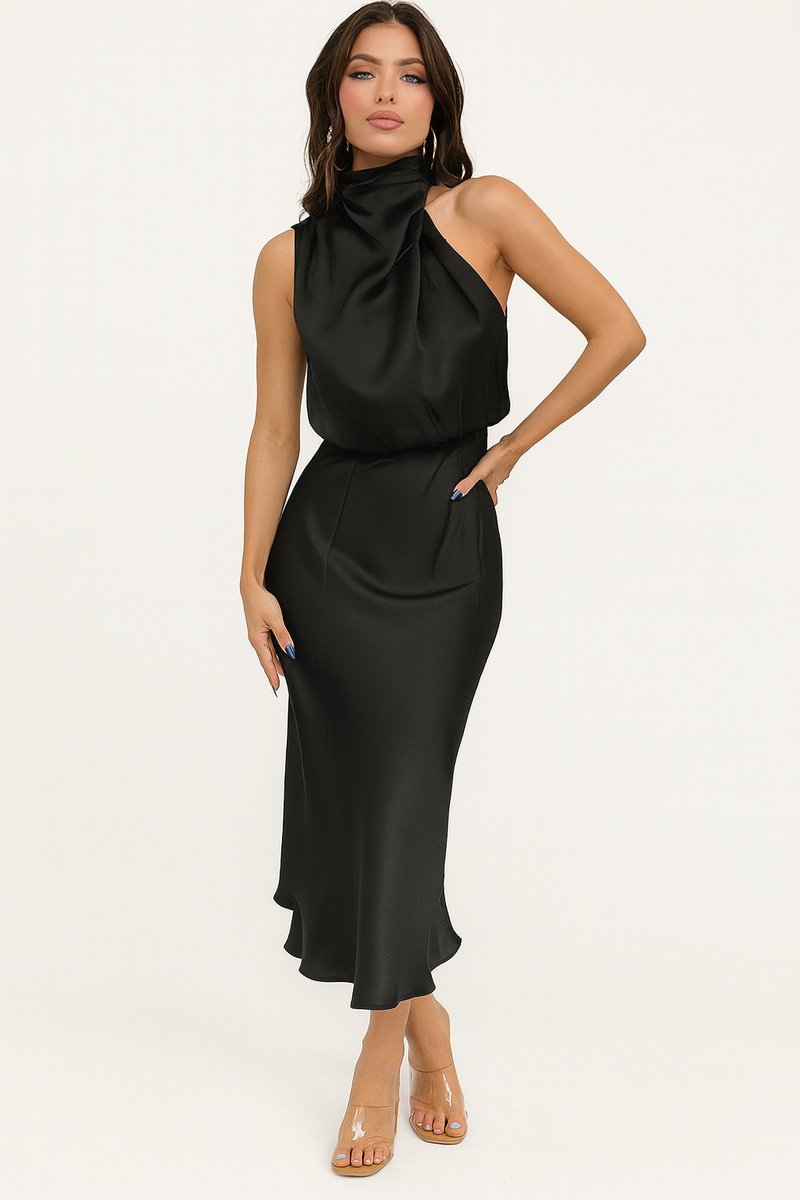 Elegant women's draped halter midi dress with sleeveless design, perfect for cocktails & special occasions.