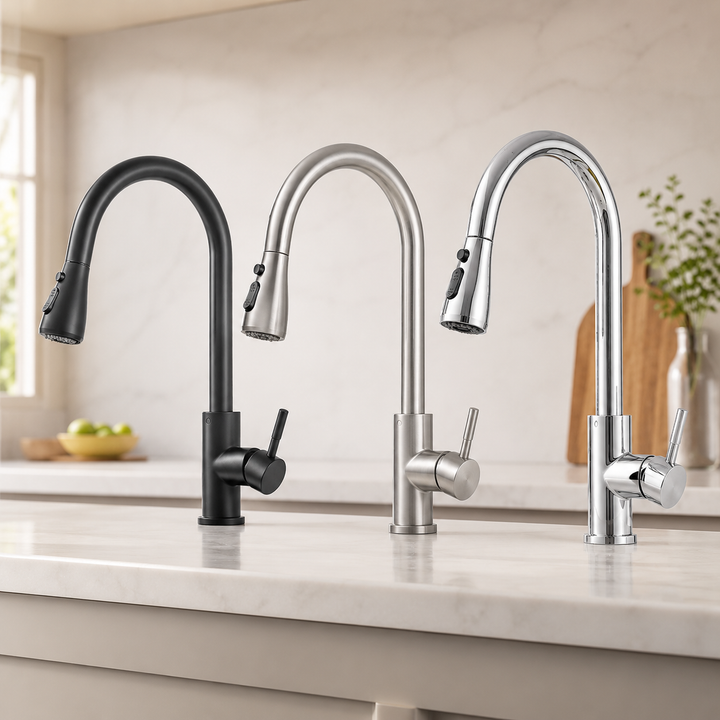 Modern stainless steel pull-down kitchen faucet with extendable spray head for easy sink cleaning & home upgrade.