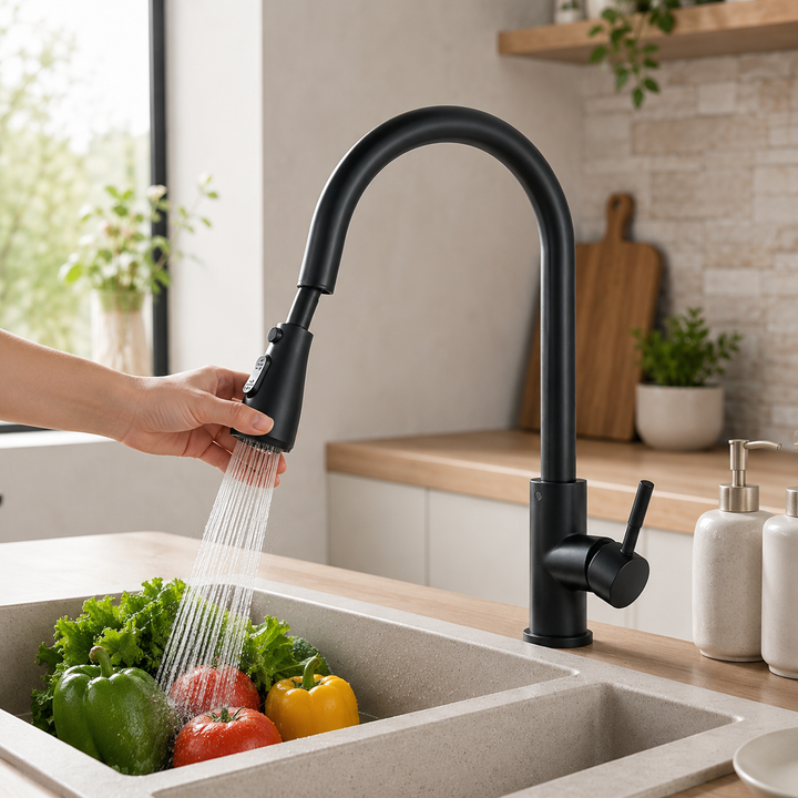 Sleek extendable pull-down kitchen faucet with flexible swivel spray, perfect for a modern kitchen sink.