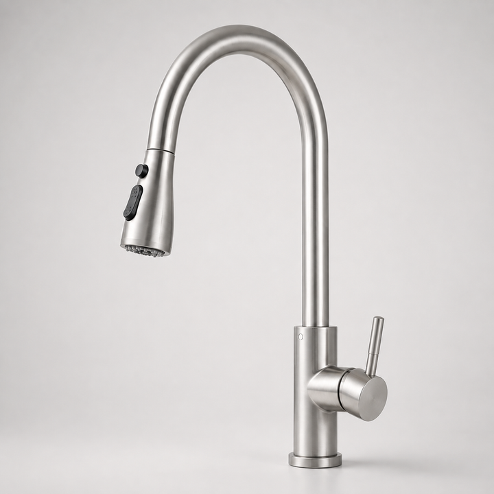 Stainless steel pull-down kitchen faucet, a sleek fixture for modern kitchen sink upgrade with spray head.