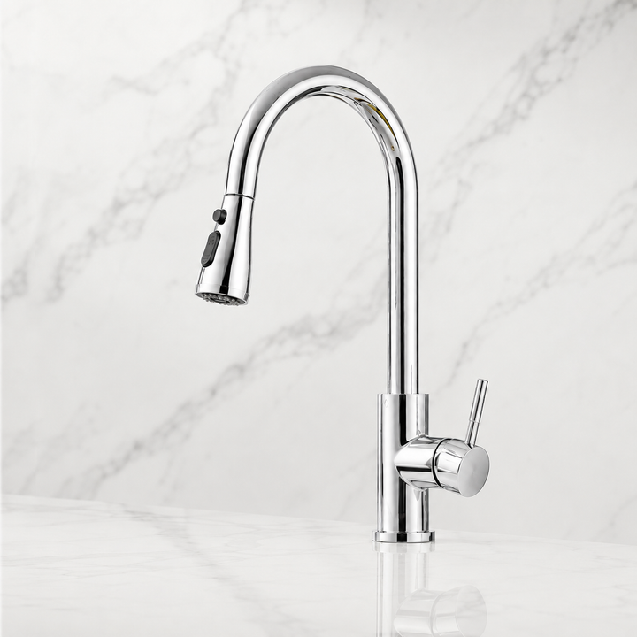 Extendable pull-down kitchen faucet with powerful spray head for efficient cleaning of kitchen sinks.