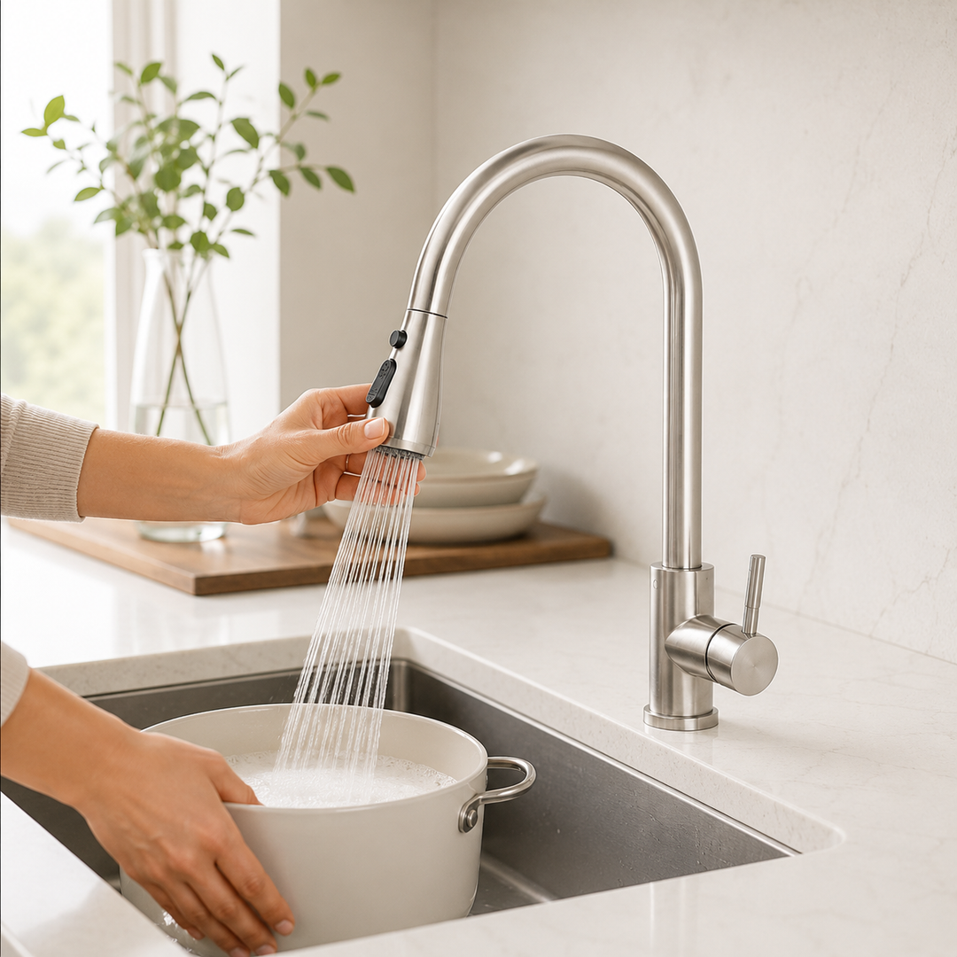 Stylish extendable pull-down kitchen faucet installed on a kitchen sink, enhancing modern kitchen design.