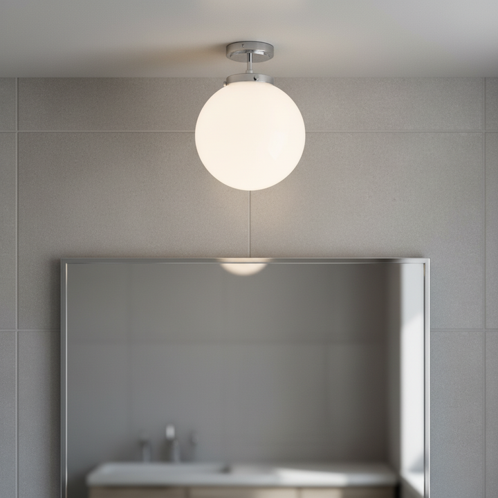 Modern moisture-resistant LED ceiling light fixture, perfect for bathrooms. Energy-efficient warm glow.