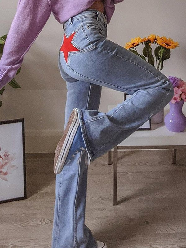 Women's retro high-waisted flare jeans with star patches, light wash Y2K denim for a stylish look.