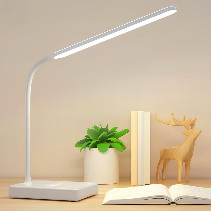 Dimmable LED desk lamp, flexible arm for adjustable lighting in home office, reading or workspace tasks.
