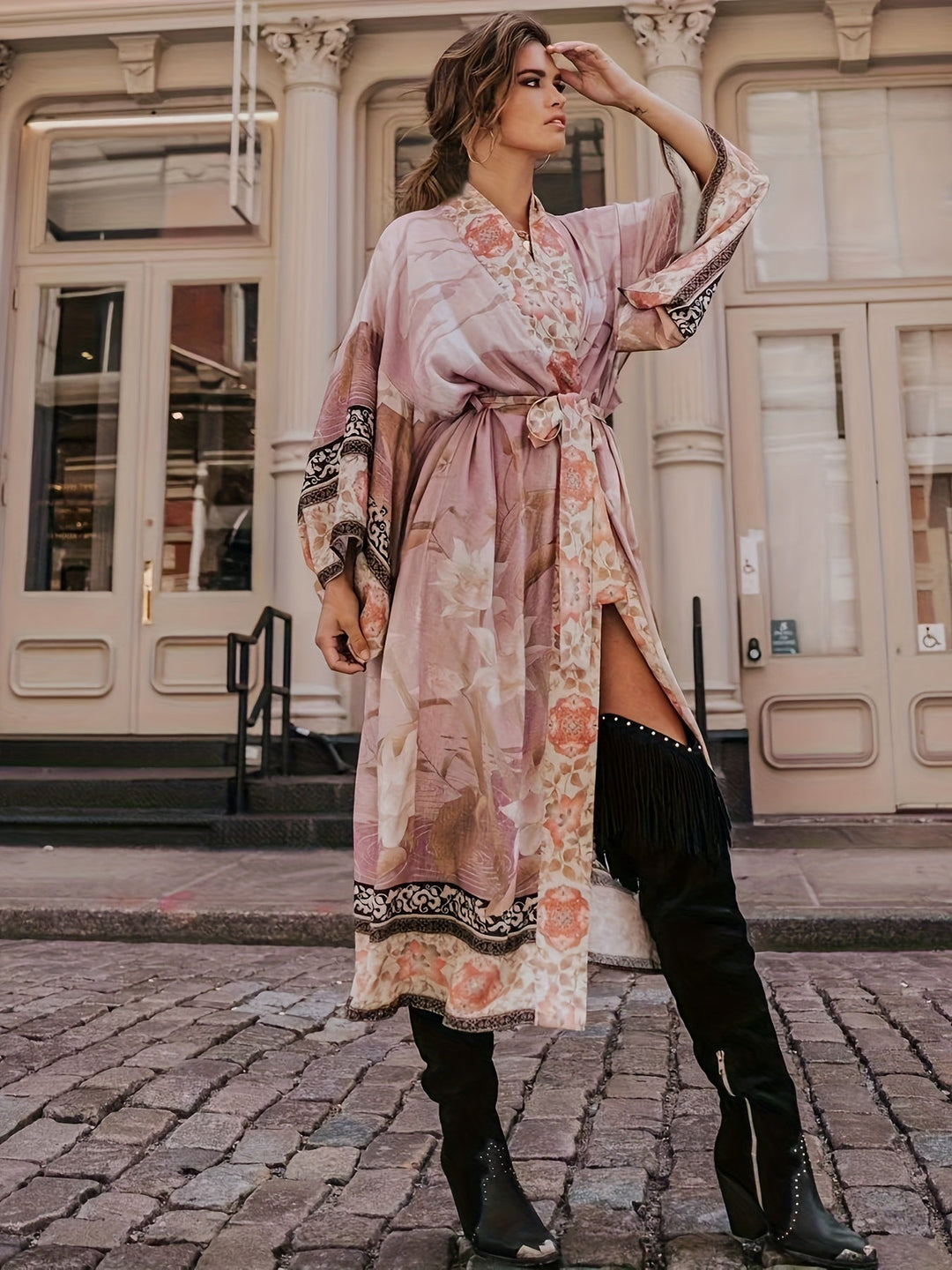 Stylish women's floral kimono cover-up, featuring batwing sleeves & belted waist, ideal for vacation & beach wear.