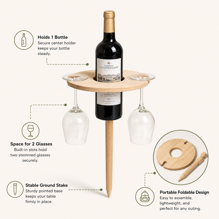 Compact outdoor foldable wine table with snack server, ideal for camping, picnics, travel & outdoor living.