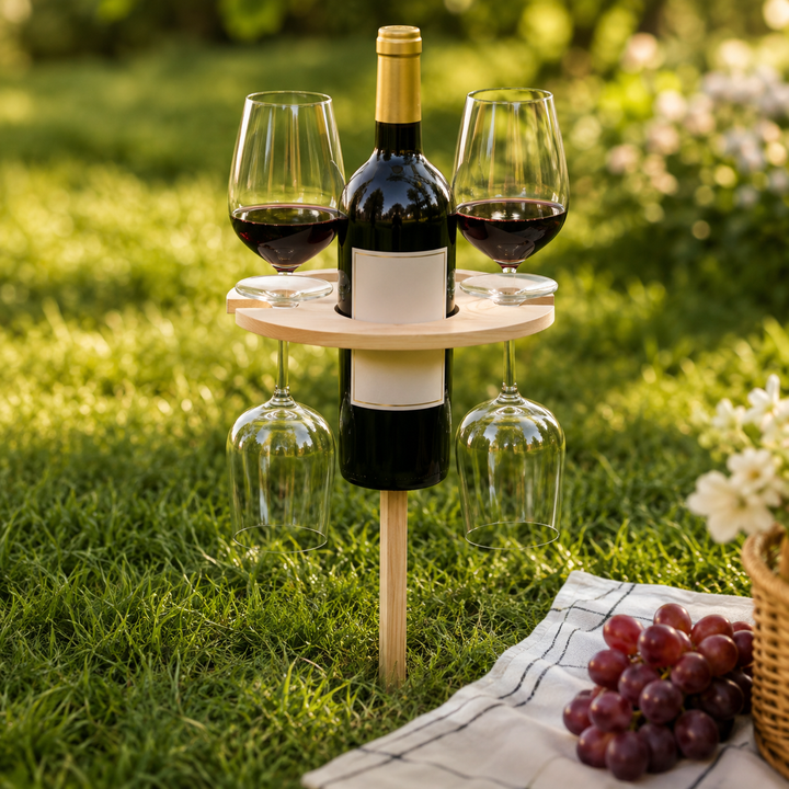 Folding wine & snack picnic table with bottle & glass holders, a travel essential for beach, garden & camping.