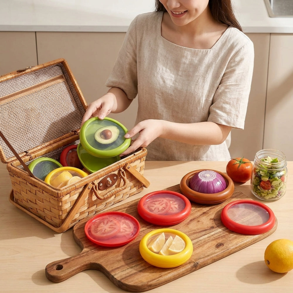 Reusable silicone food storage lids for fresh produce, eco-friendly food savers reduce waste.