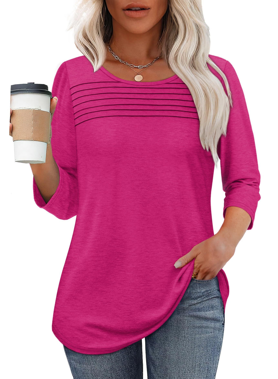 Casual women's 3/4 sleeve top with elegant pleats & scoop neck, offering comfort for daily wear.