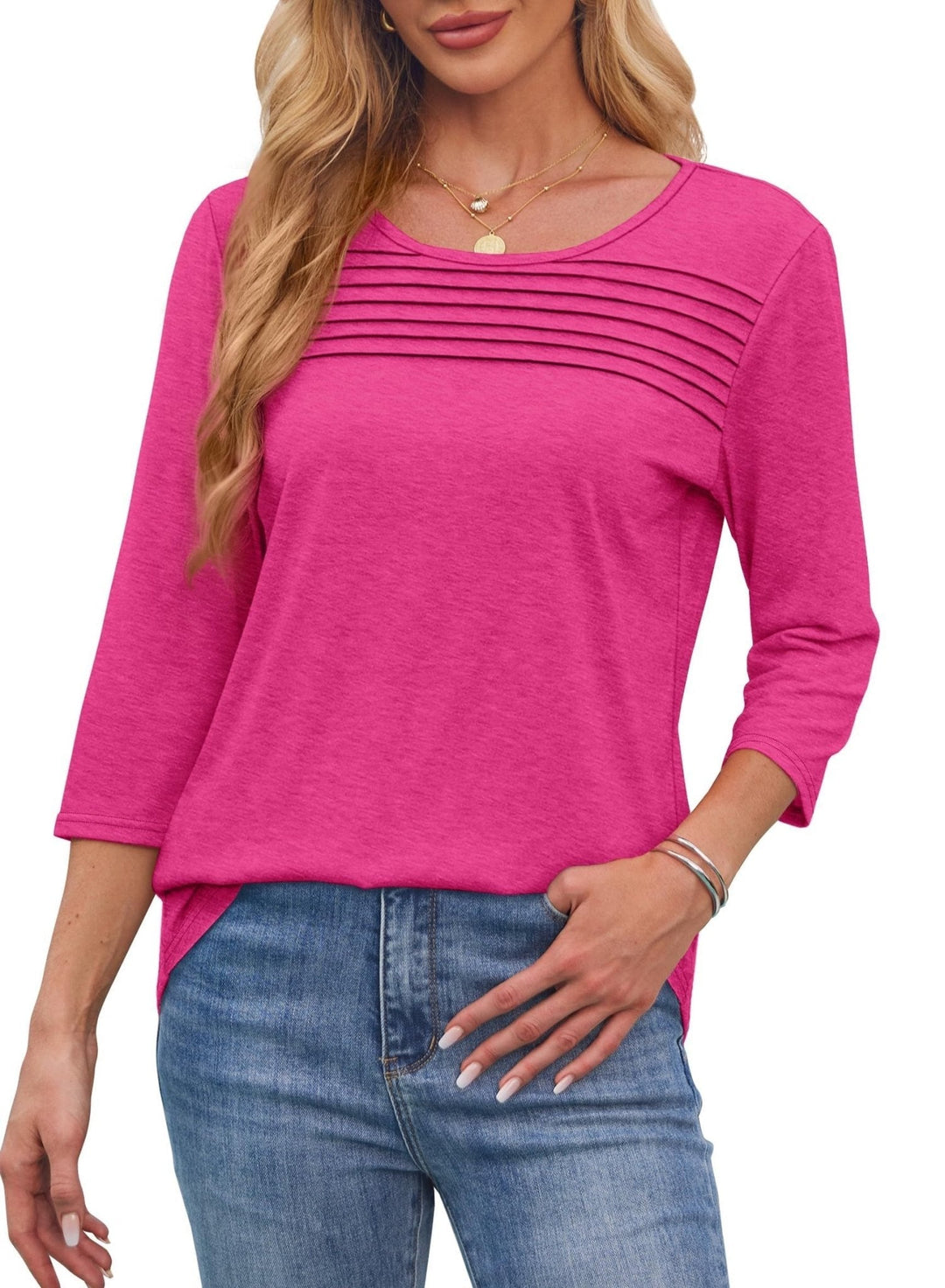 Women's 3/4 sleeve pleated scoop neck top, perfect for casual everyday wear or stylish office fashion.